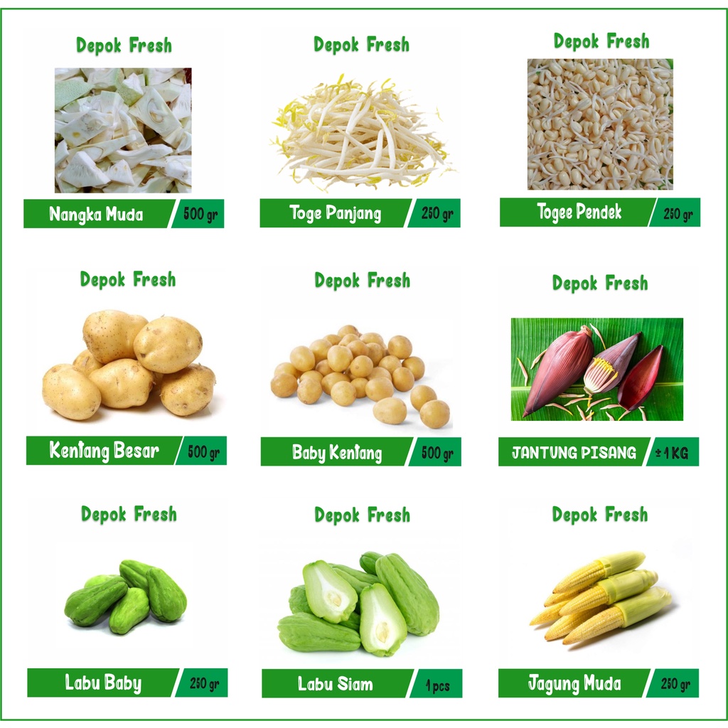 

Baby Kentang / Jagung Baby / Kentang / Labu Baby / Labu Besar / Nangka Muda / Toge Panjang / Toge Pendek