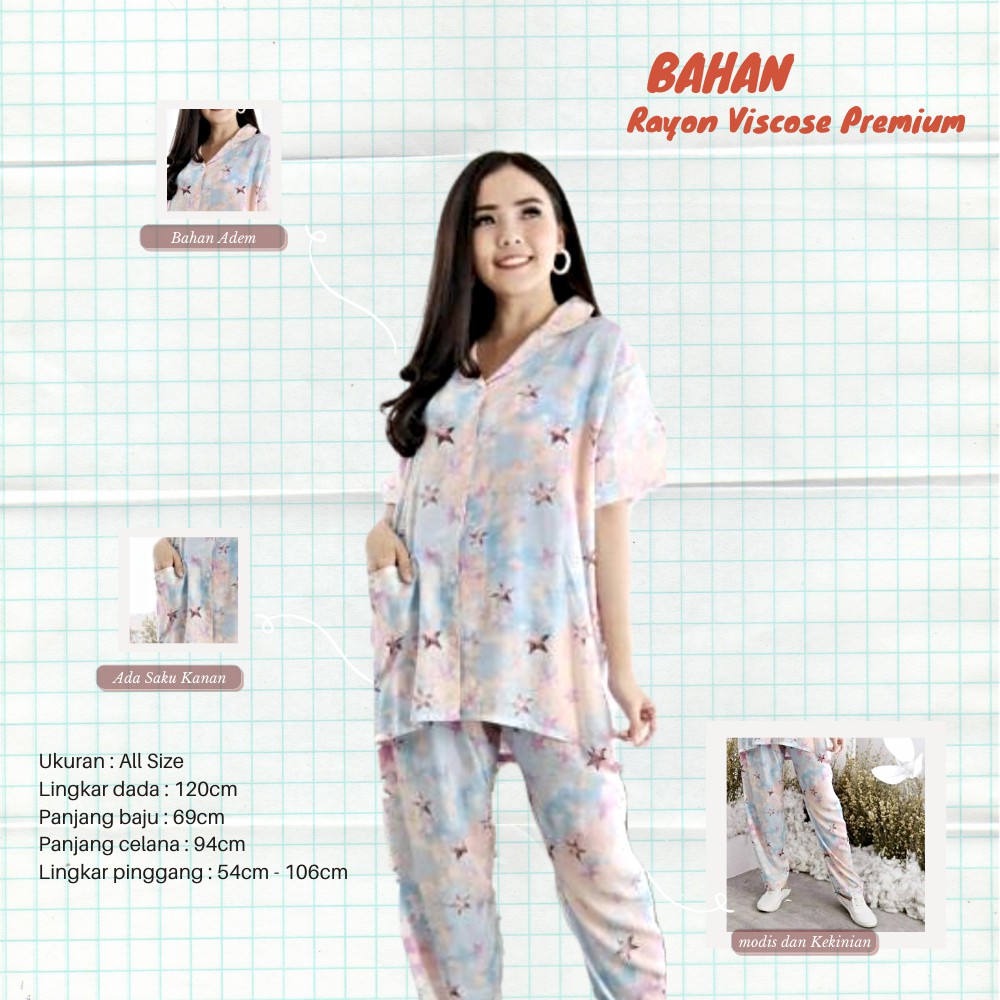 SETELAN TYE DYE PAJAMAS PIYAMA ONE SET TIE DIE WANITA LENGAN PENDEK CELANA PANJANG VALORA BLUE