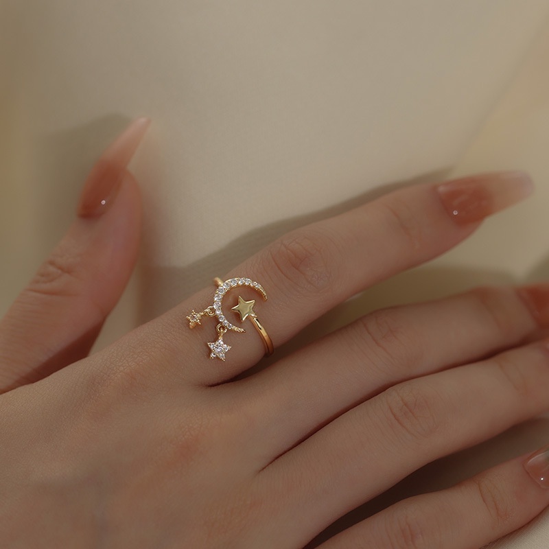 Cincin Lapis Emas 18K Bentuk Bulan Bintang Model Terbuka Dapat Disesuaikan Untuk Wanita