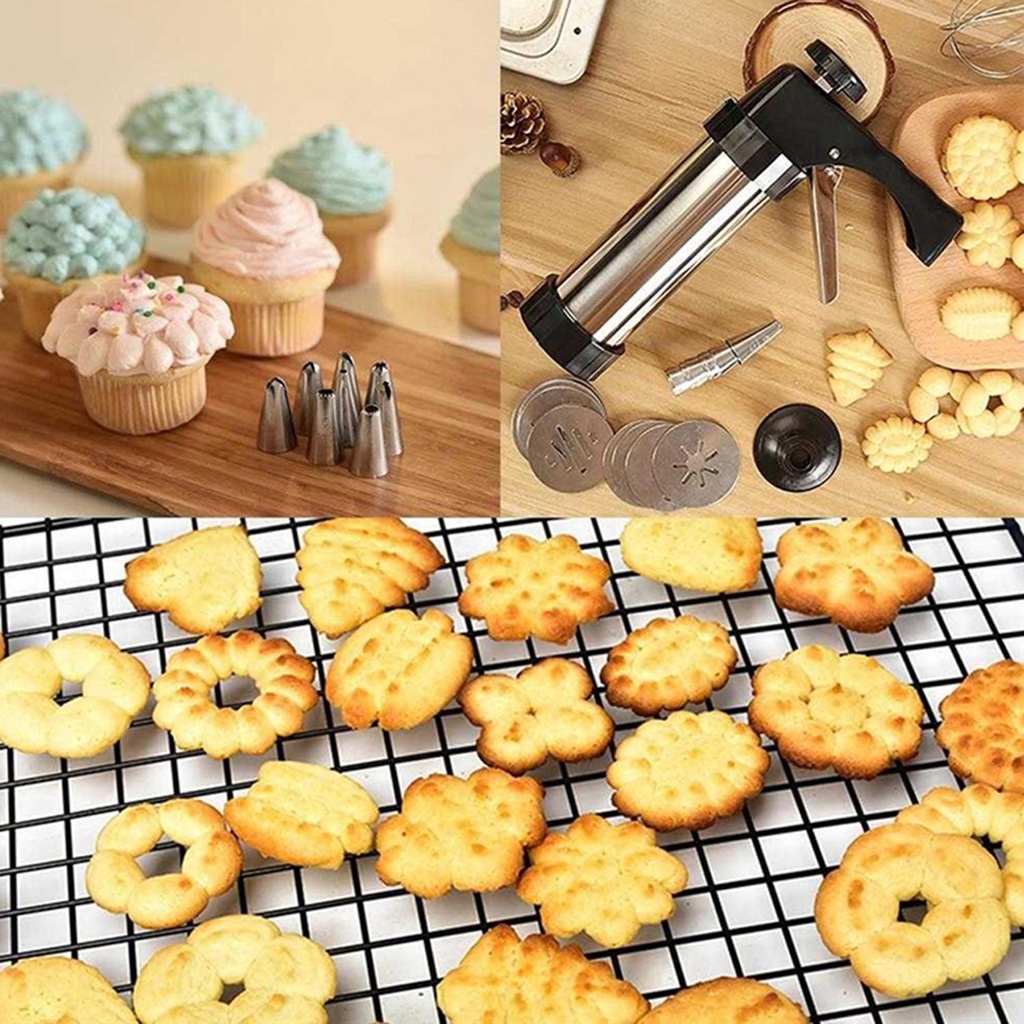 Solighter Cookie Press Gun Kit DIY Dekorasi Dessert Pembuatan Kue Kering Stainless Steel