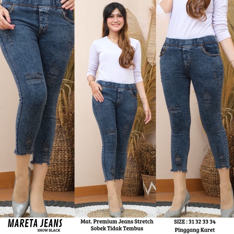 Celana Jeans Wanita Terbaru Mareta Jeans High Waist Pinggang Karet Sobek Tidak Tembus