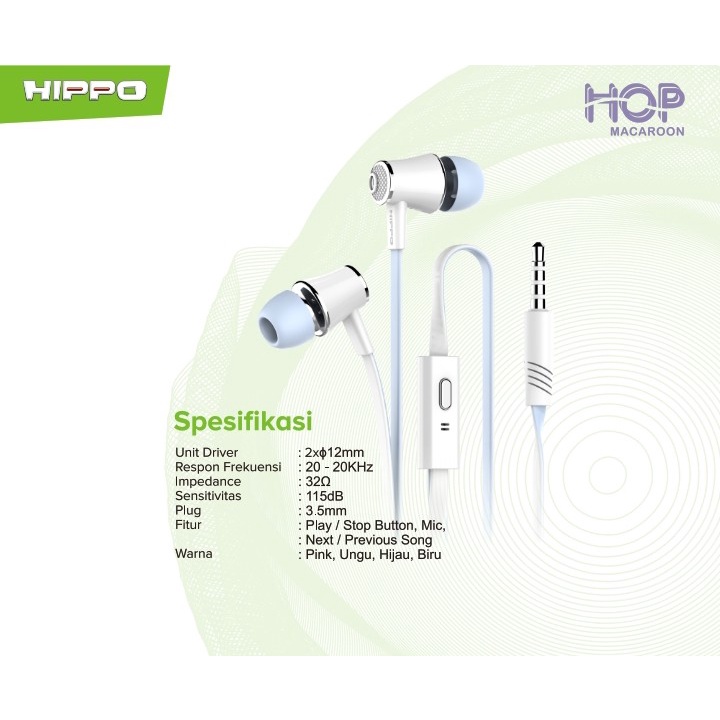 Hippo Headset HOP MACAROON Stereo Wired Earphone Handsfree Original Ori