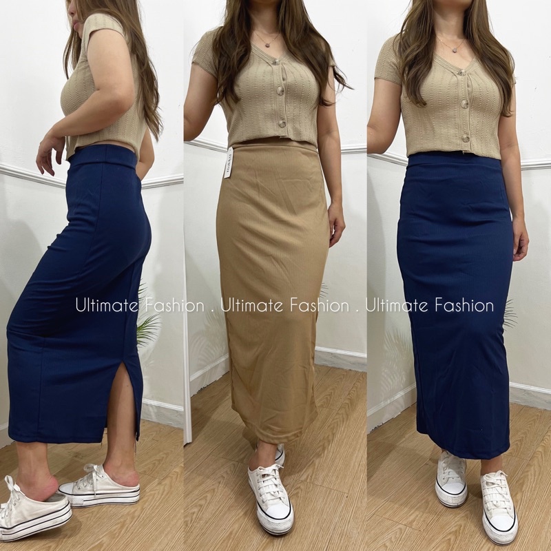 Rok Span Knit Wanita - Rok Kerja - Skirt Ada Belahan High Waist