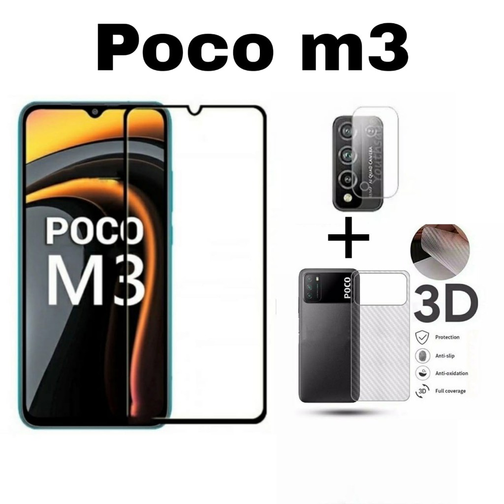 Paket 3in1 Tempered Glass Full POCO M3 Poco M3 Pro 5G Anti Gores Kamera Belakang Garskin Carbon Skin