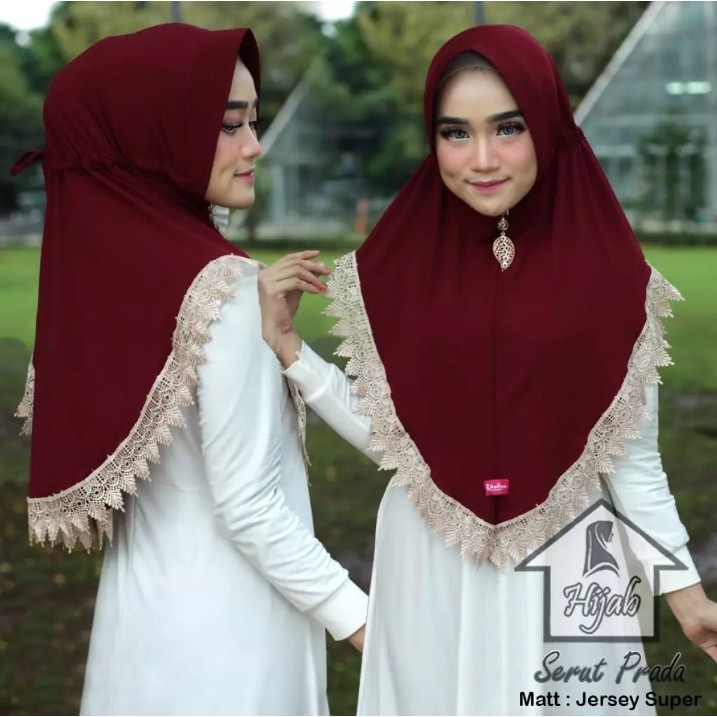 Jilbab Instan Serut Prada Renda Import Jersey Super Premium Model Bergo Terbaru-Marun
