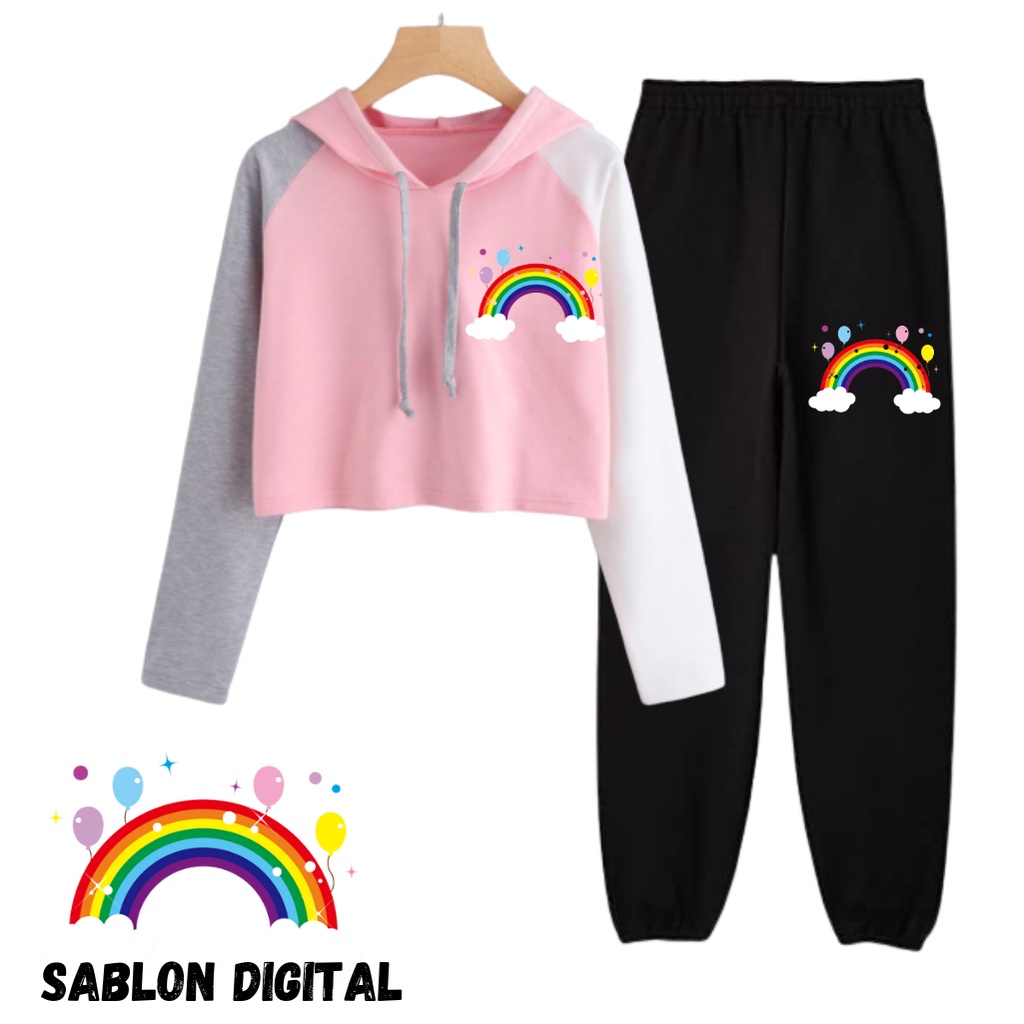 JBF Baju Setelan Remaja Korea / Baju Set Cewek Crop Hoodie Kombinasi Dan Panjang Jogger Rainbow