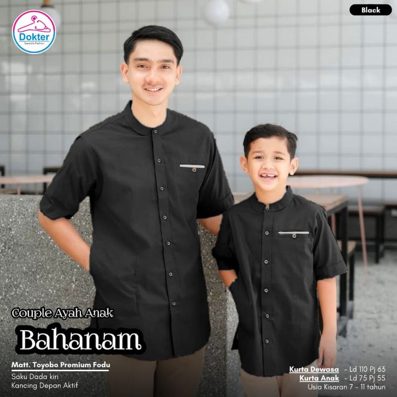 Bahanam Koko Lengan Pendek Anak dan Bapak Warna Hitam Bahan Toyobo Fodu