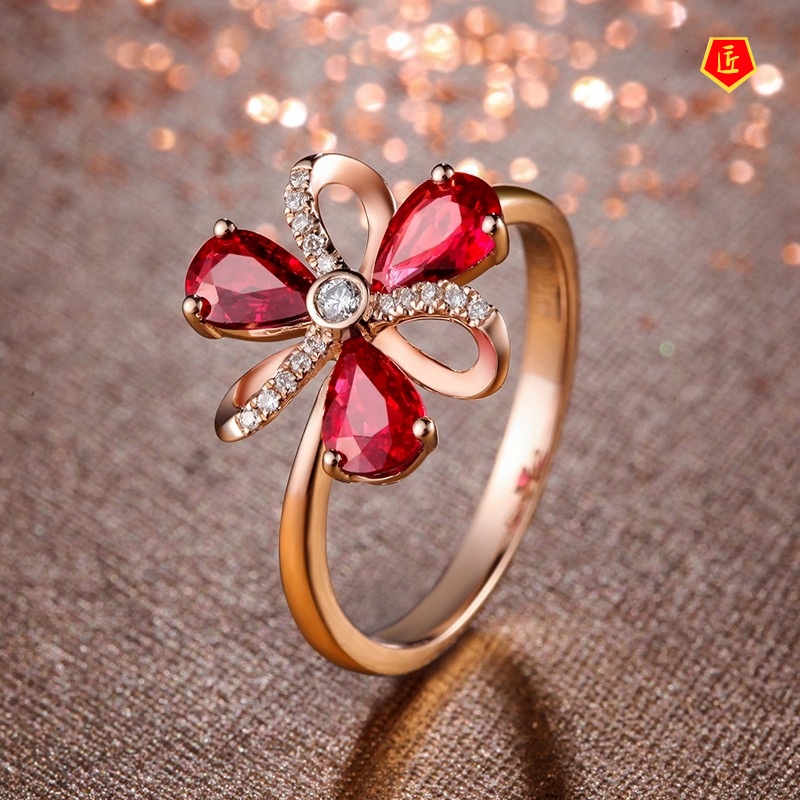 [Ready Stock]Elegant Personalized Flower Ring Rose Gold Ruby