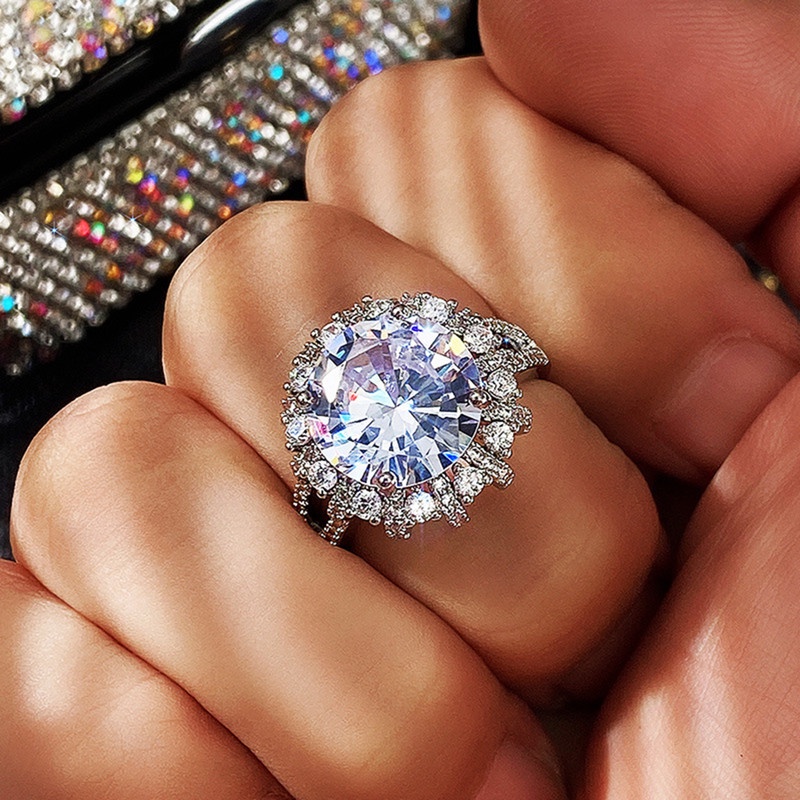 Cincin Kawin / Tunangan Cubic Zirconia Bulat Besar Mewah Untuk Wanita