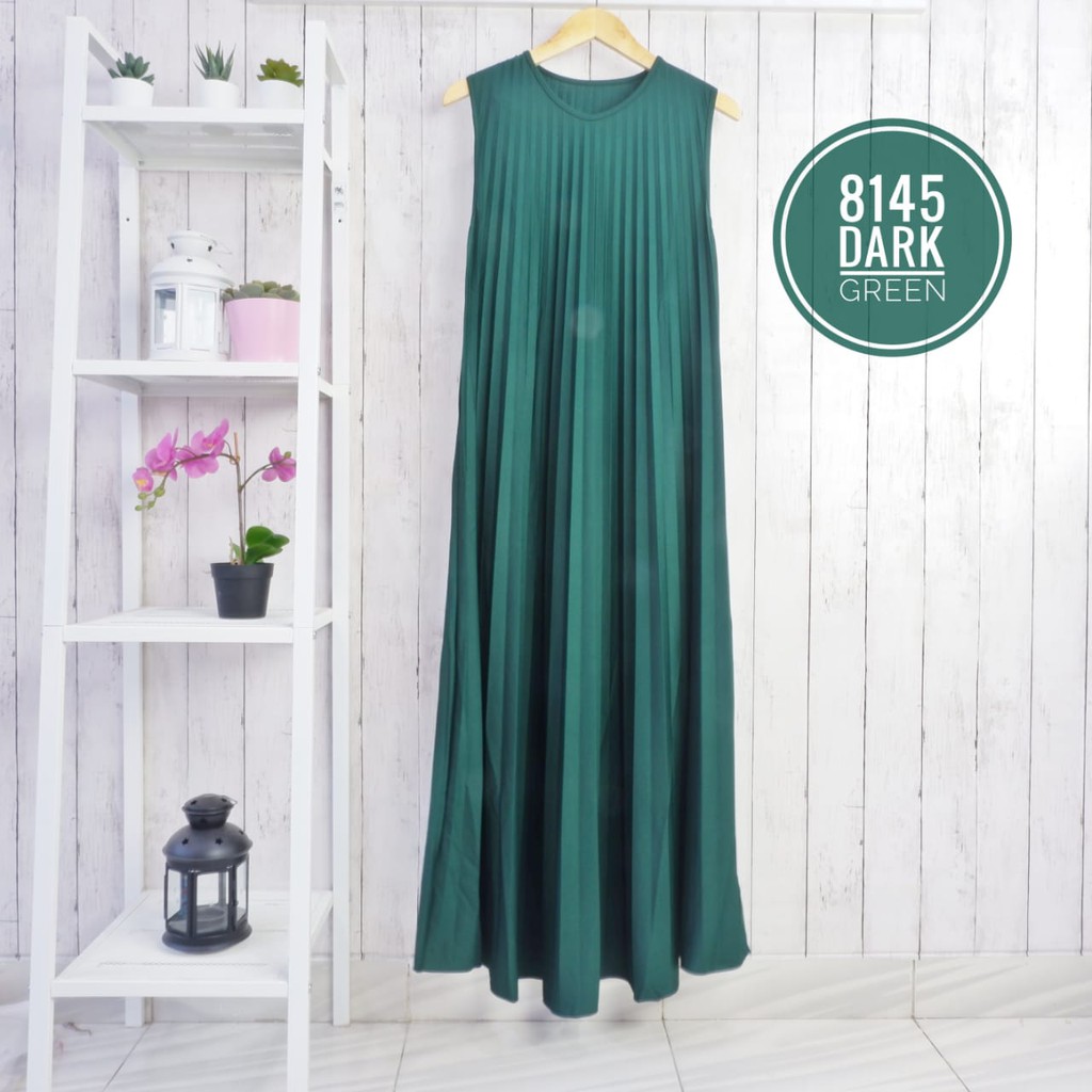 GAMIS PLISKET 8145 MAXY DRESS PLISKET PRISKET PLEATED DRESS PLISKET MAYUNG FLOWY TANPA LENGAN-Dark Green