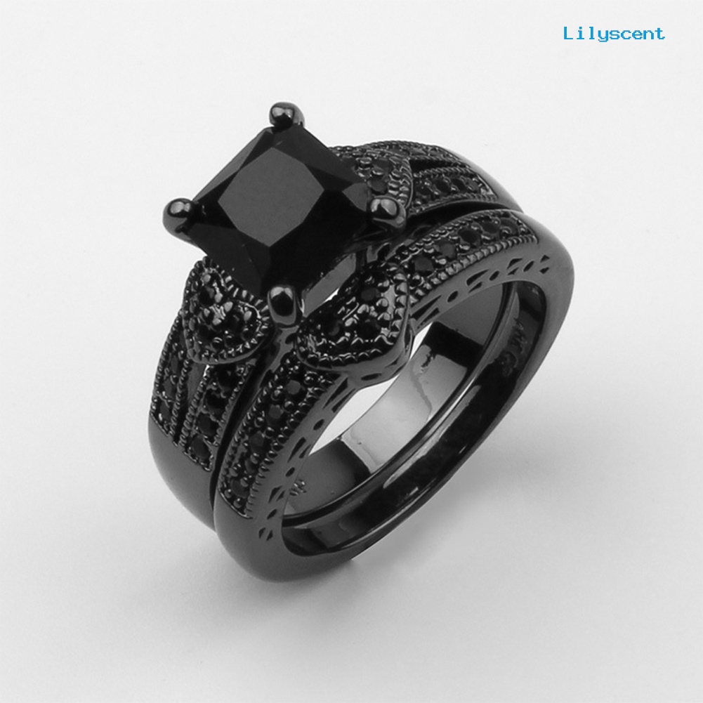 Ls 2Pcs / Set Cincin Pria / Wanita Hias Cubic Zircon Hitam Gaya Mewah Untuk Hadiah