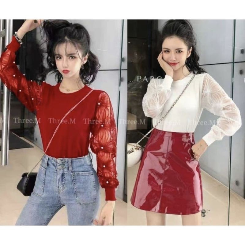 MDLV ~  1193 KNIT PEARL TOPS ATASAN LENGAN PANJANG BLOUSE IMPORT BLOUSE COMBI BLOUSE PREMIUM BLOUSE KOREA BEST SELLER FASHION IMPORT WANITA