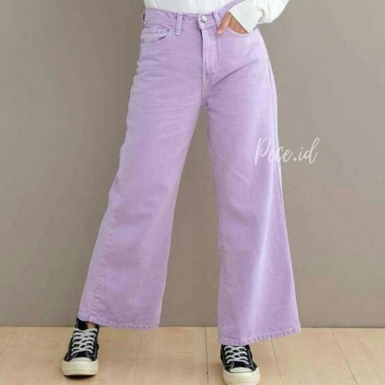 [PRODUK HHBOP] CELANA KULOT JEANS LOOSE WANITA POLOS PASTEL LILAC CREAM HIGHWAIST JENS CUTBRAY REE