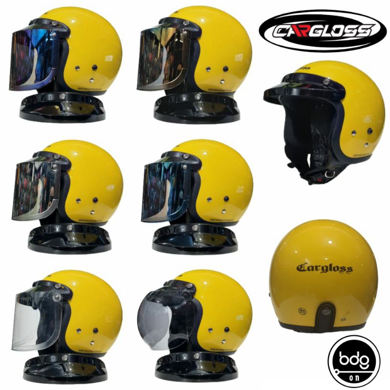 HELM CARGLOSS RETRO KUNING LEMON GLOSSY + Kaca Bogo Cembung Datar Injak
