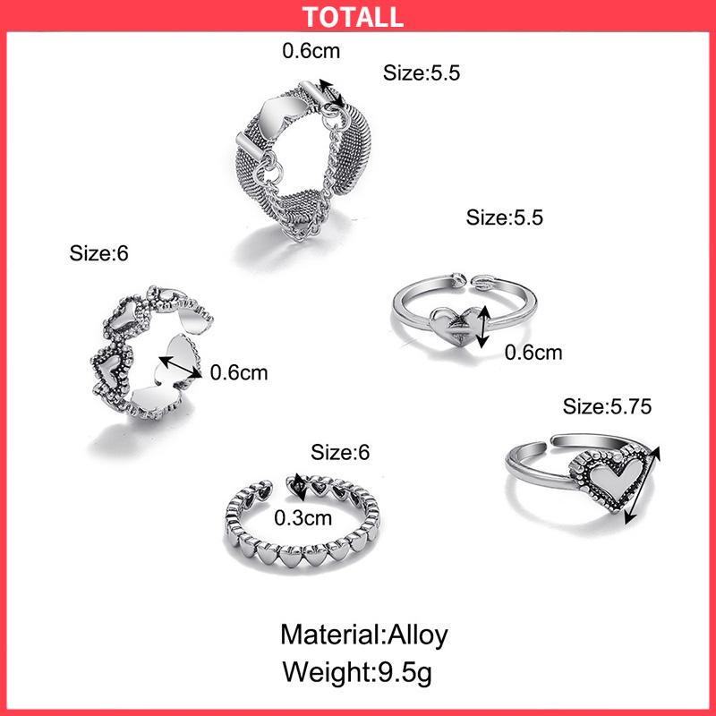 COD Cincin Cinta Terbuka Retro Sederhana Kreatif 5-piece Set Cincin Jari Telunjuk Berongga-Totall