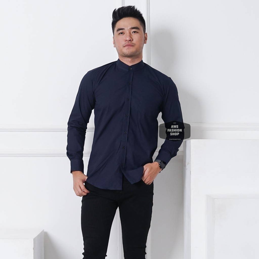 Kemeja Pria Lengan Panjang Polos Biru Navy Dark Blue Kerah Shanghai Koko Polos Slimfit Casual