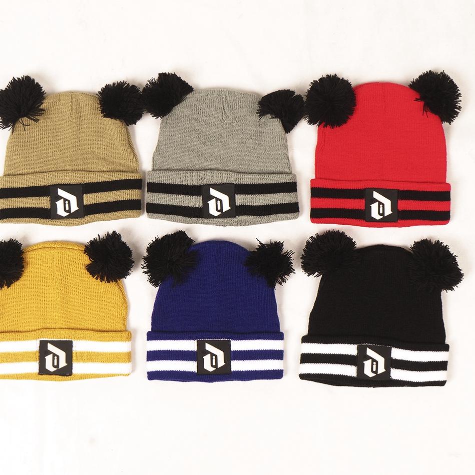 Obral Terlaris Idekurajut Beanie Rajut Anak Pompom Stripe Flocking