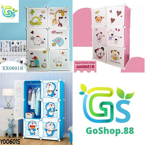 Lemari Plastik Portable 6 Pintu Lemari Karakter Lemari Pakaian Multifungsi GOSHOP88