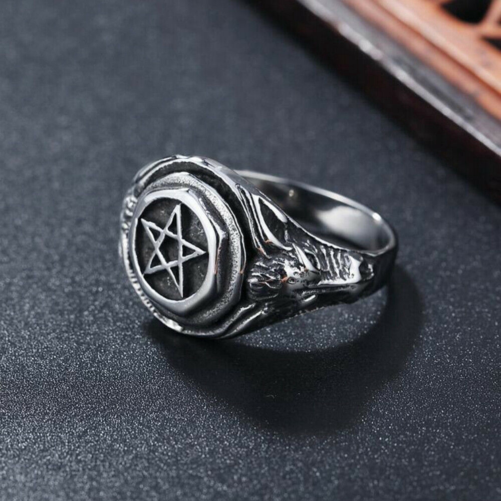 Cincin Baja Titanium Perak Antik Eropa Dan Amerika Punk Satwa Pentagram Perhiasan Fashion Pria Rings