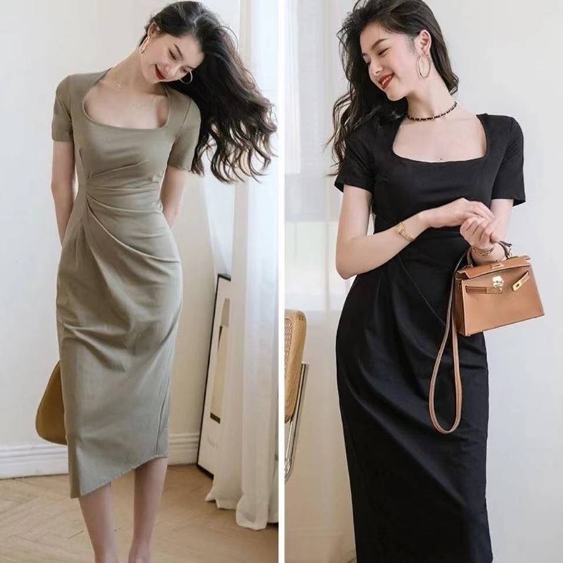 H7 DB10/28 Korean bodycon midi dress / square neck dress elegant