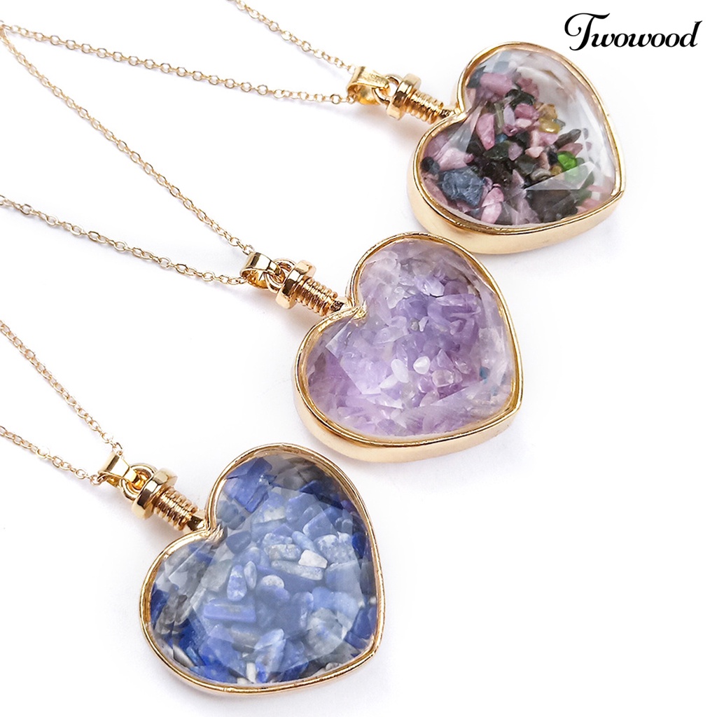 Twowood Heart Shape Transparent Glass Necklace Pendant Alloy Natural Stone Wish Bottle Pendant Charm Gift