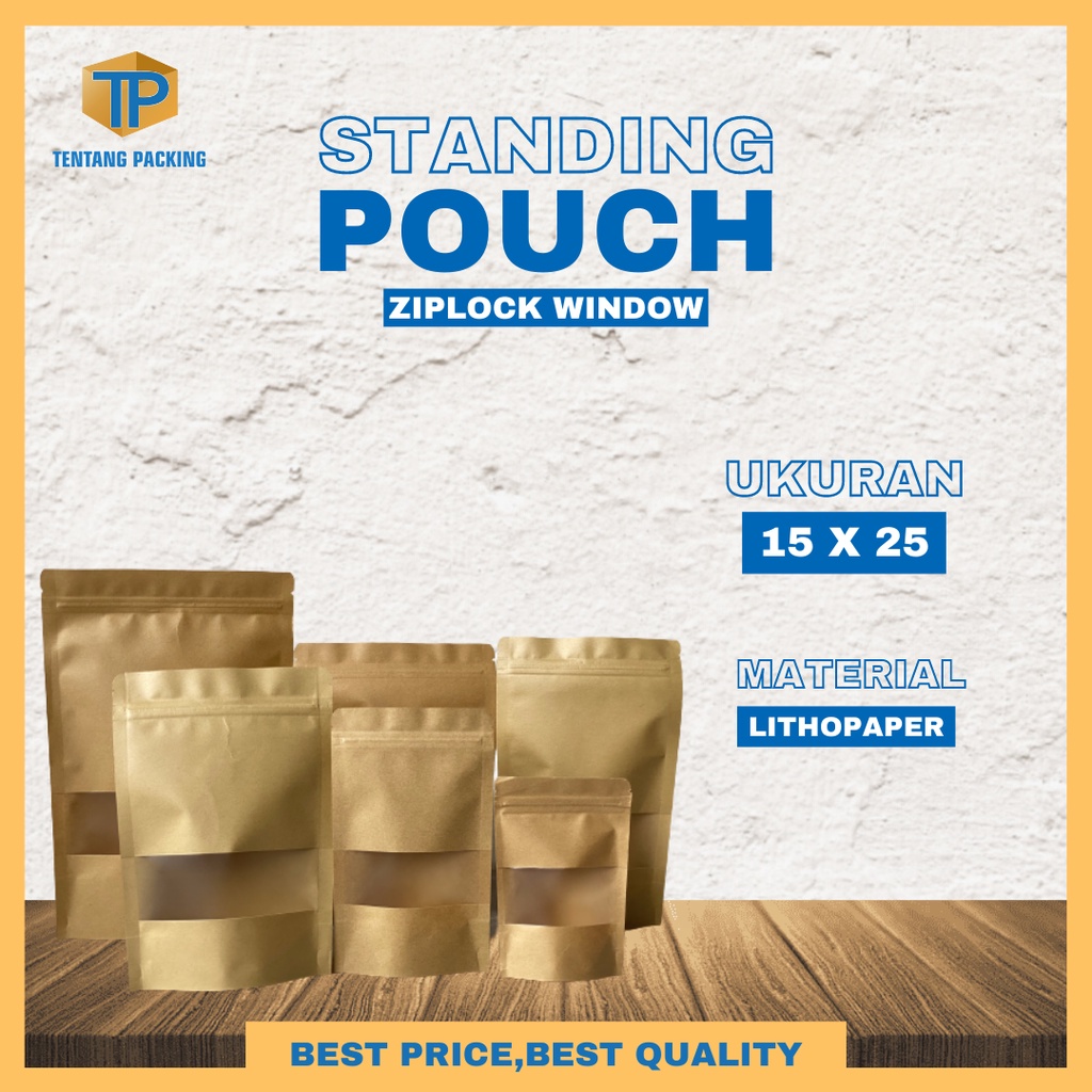 Jual Standing Pouch Window Kraft Paper 15 x 25 cm Kemasan Snack Klip Pouch