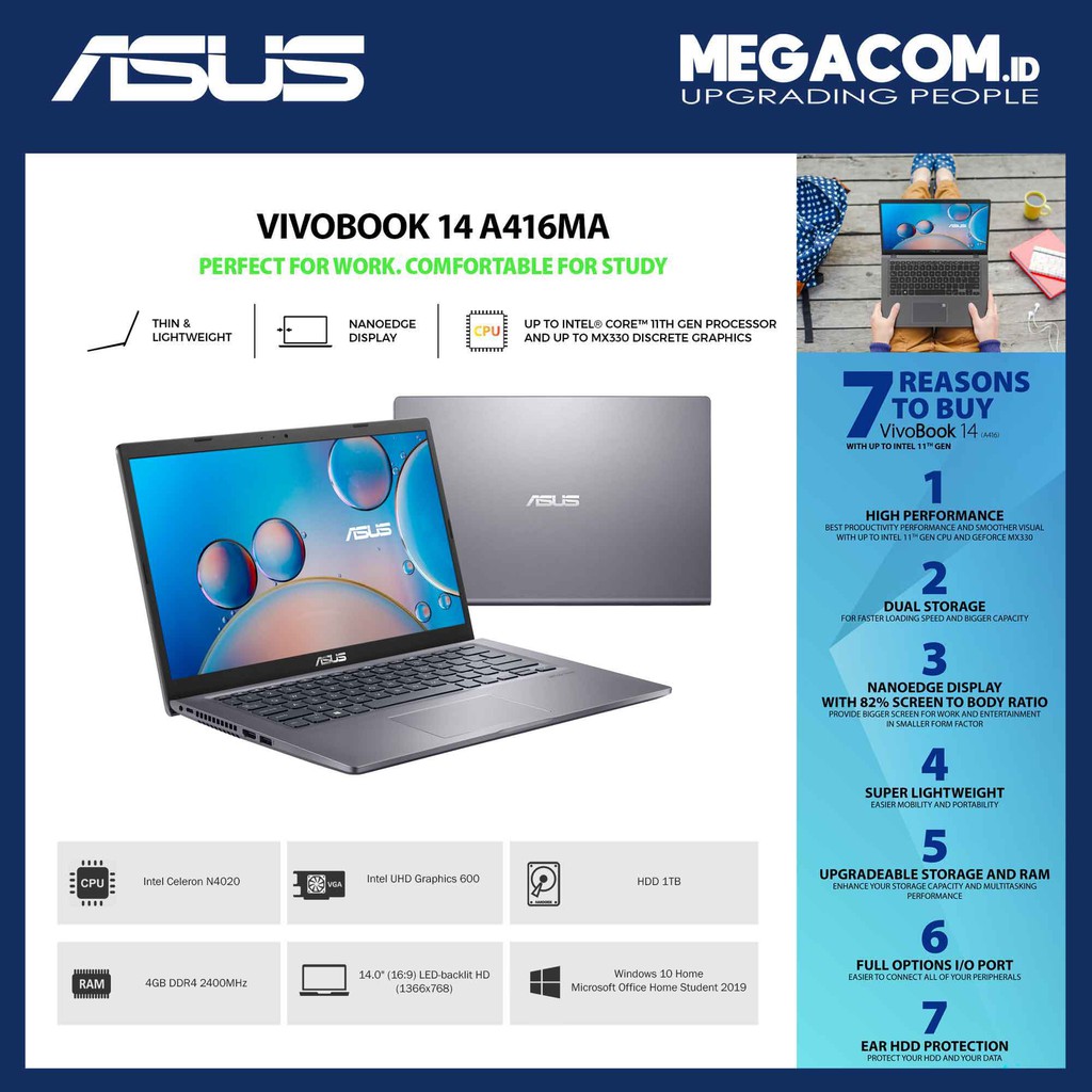 Asus A416MA-BV402TS Grey [Intel N4020|RAM 4GB|HDD 1TB|Win10|OHS2019]