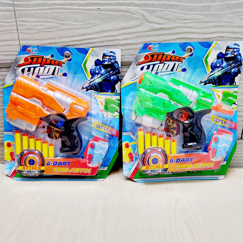 Super Shoot 6 Dart Semi Auto Mainan Blaster Gun Nerf Dart Tembak Peluru Gabus