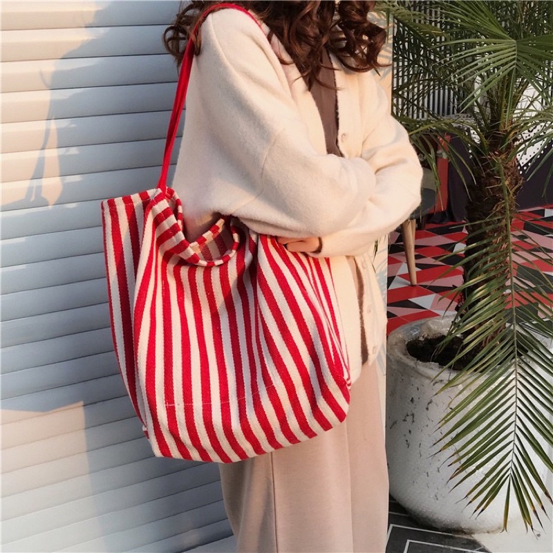 KOREAN STRIPE CANVAS TOTE BAG TAS BAHU KOREA