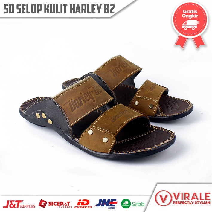 Sandal Kulit Asli - Sandal Selop Pria - Sandal Casual - Sandal Slide Harley B2 Tan