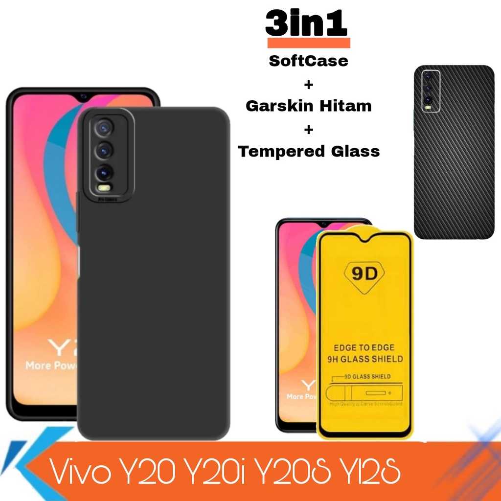 Paket 3 IN 1 Vivo Y20 Y20i Y20S Y20SG Y12S Case Liquid + Anti Gores Kaca + Graskin Hitam Vivo Y12S