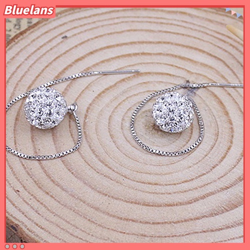 Anting Panjang Menjuntai Bentuk Bola Berlian Imitasi Lapis Perak Untuk Wanita