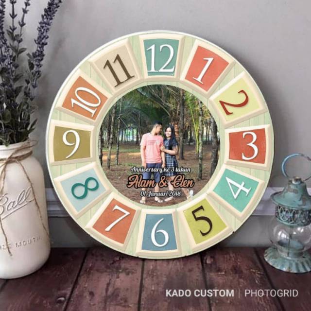 Jam dinding kayu frame foto vintage shabby hadiah kado  