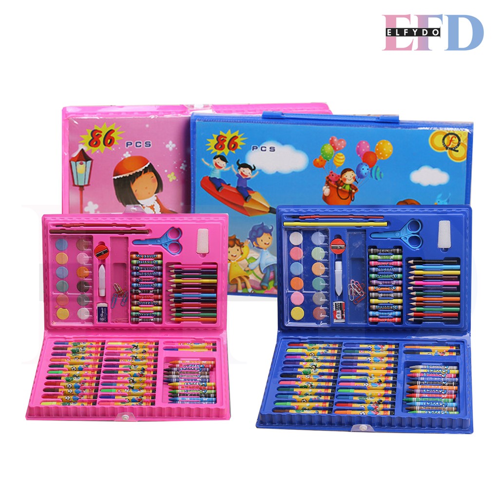 ELFYDO CRAYONSET86 Crayon Set Isi 86 Pensil Warna Cat Air Alat Lukis Karakter Stationary Color Pencil