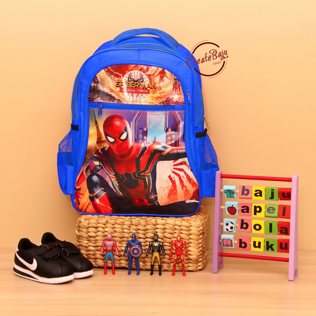 TAS RANSEL ANAK SD UKURAN 16&quot; KANTONG BOTOL MINUM TAS RANSEL ANAK SEKOLAH KARAKTER SPIDERMAN