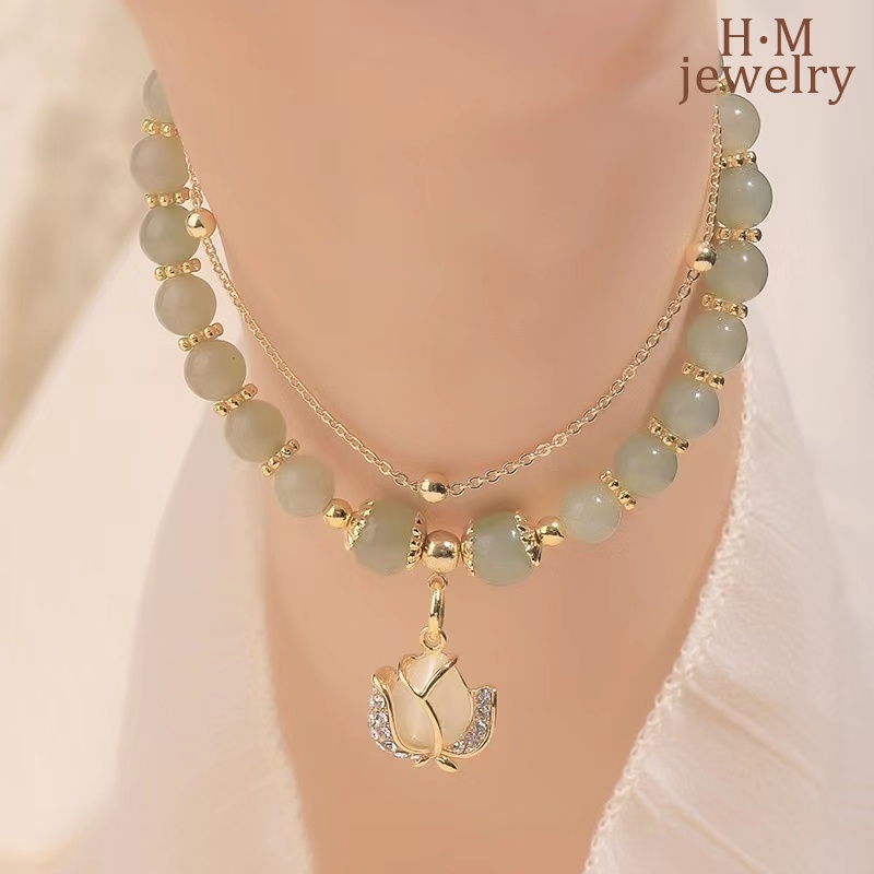 Gelang Tangan Manik-Manik Batu Jade Hetian Bentuk Bunga Tulip Untuk Wanita
