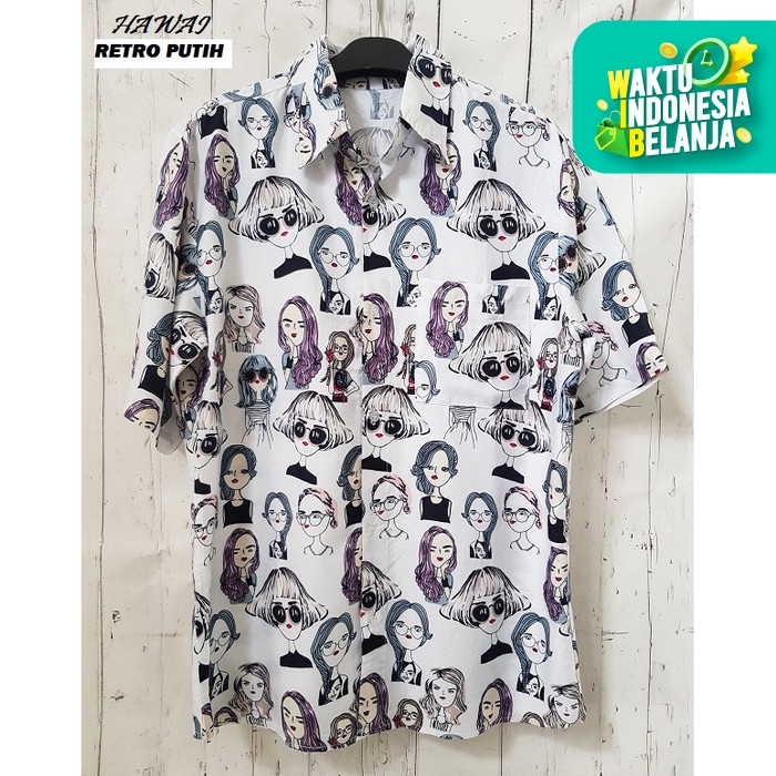 FK HAWAI PEOPLE Kemeja Hawai Bali Pria Motif Kemeja Pantai - RETRO PUTIH