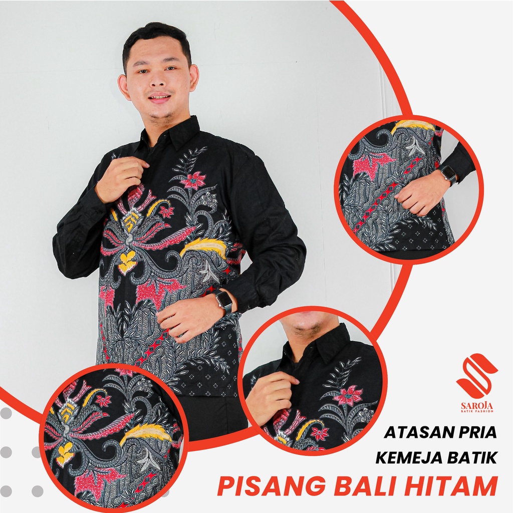 Saroja (338) Kemeja Batik Pria - Motif Pisang Bali Hitam