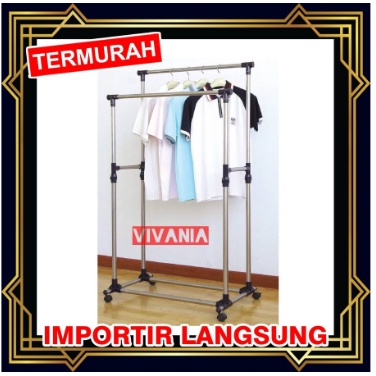 STAND HANGER DOUBLE POLE MURAH Rak jemuran dgn roda tanpa rak tambahan ES55