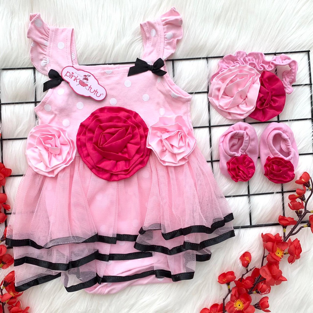 Baju jumper tile lucu free bandana booties sepatu motif bunga 3D baby girl bayi perempuan pergi jalan murah kekinian jalan-jalan cantik -gwen