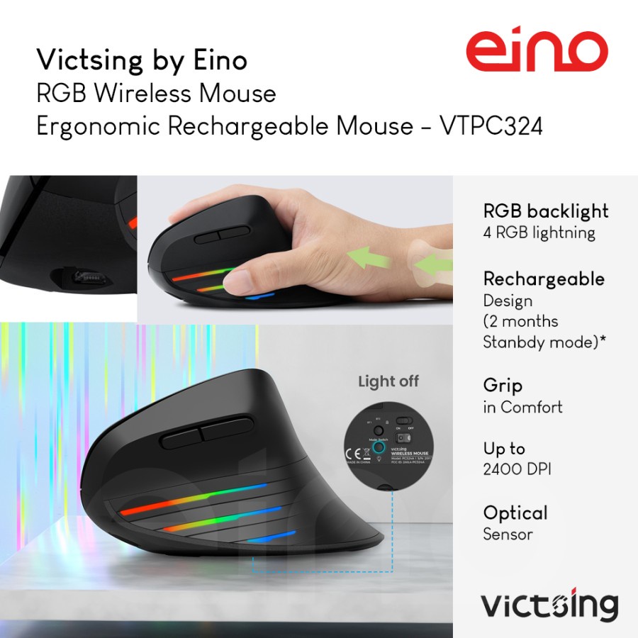 VictSing RGB Rechargeable Ergonomic Wireless Mouse Gaming VTPC324