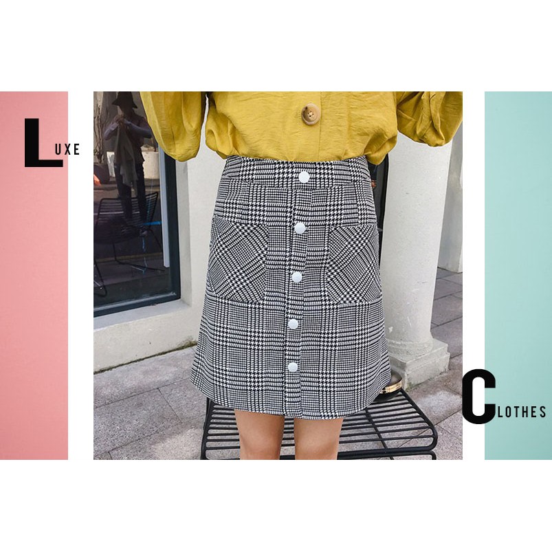 Baju Impor ala Korea - Rok Mini - Rok ala Korea - Plaid Fake Buttoned Mini Skirt (BLACK)