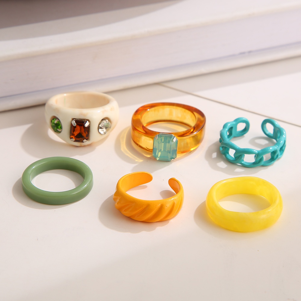 6pcs / Set Cincin Bahan Resin Warna-Warni Dapat Disesuaikan Untuk Wanita