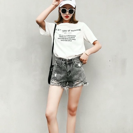 Celana pendek sobek wanita hot pants cewek jeans jumbo 3xl  ripped jeans highwaist pants dewasa seksi shortpants kekinian 2023