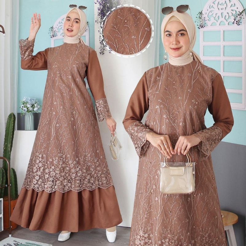 Gamis Brukat Mutiara Lebaran Pesta Coklat tua