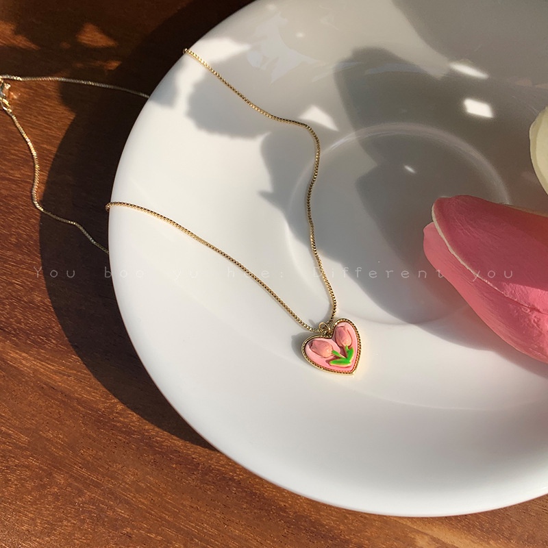 Kalung Choker Liontin Hati Tulip Pink Aksen Mutiara Untuk Wanita