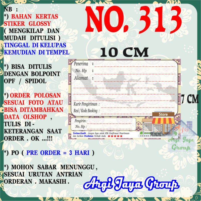 

Stiker Pengiriman - Sticker Alamat Olshop Murah Nomer 313 - 10x7 cm - Glossy