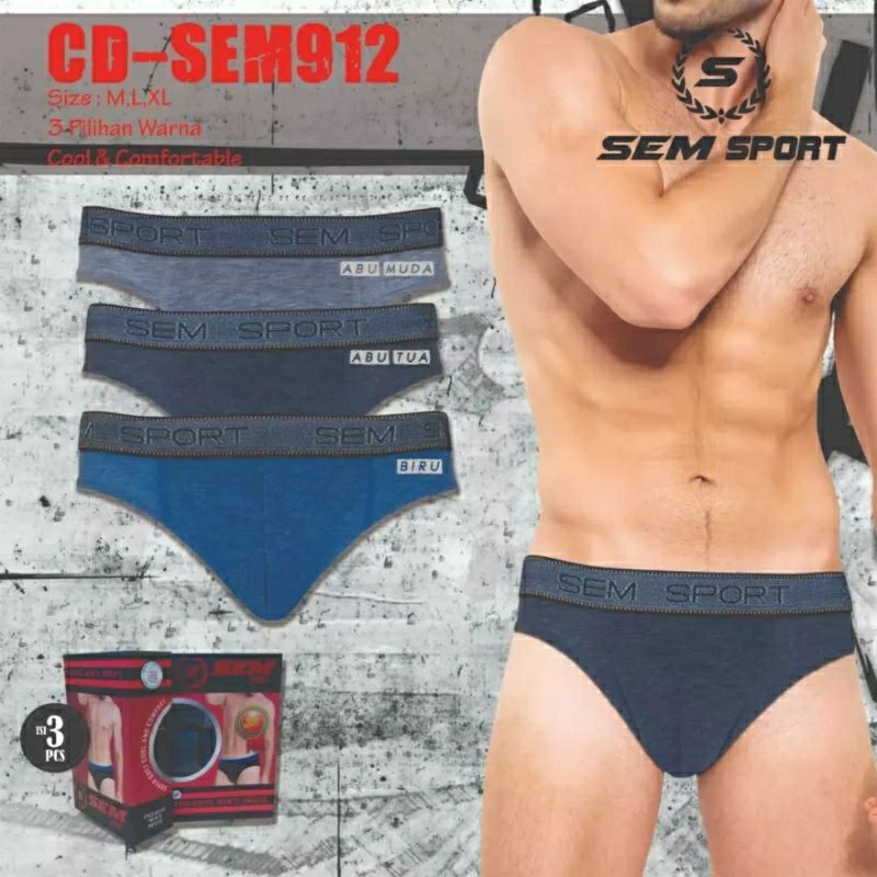 CELANA DALAM PRIA SEM SPORT.912 SUPER SOFT COOL AND COMFORT 1B0X ISI 3PCS M,L,XL