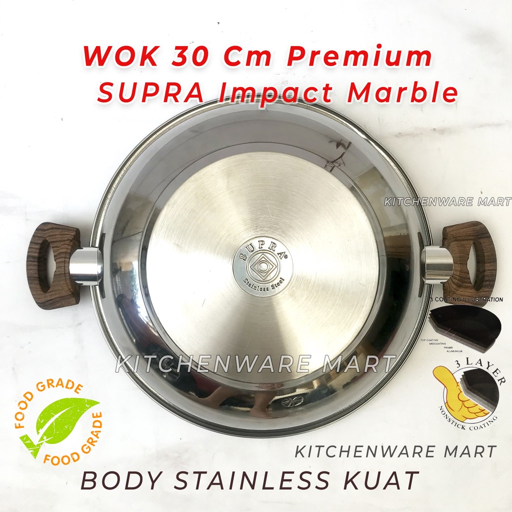 WOK impact premium 30cm marble coating / wajan masak anti lengket kuali marble tebal with Body Stainless Steel supra