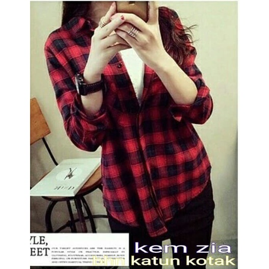 Kemeja casual jumbo style Terbaru kotak kotak flanel D4C1 polos katun Hem oversize atasan Baju korea
